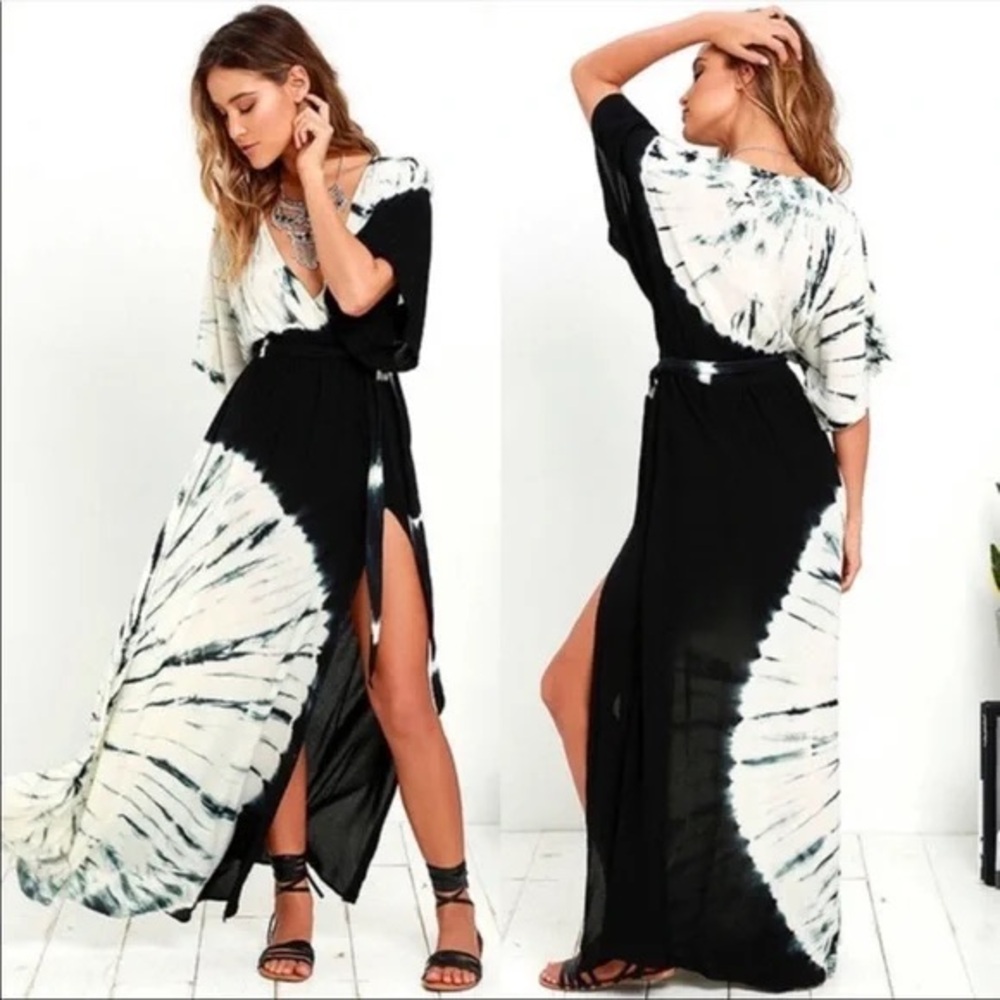 Lulus needed me tie dye maxi dress black white nwt
